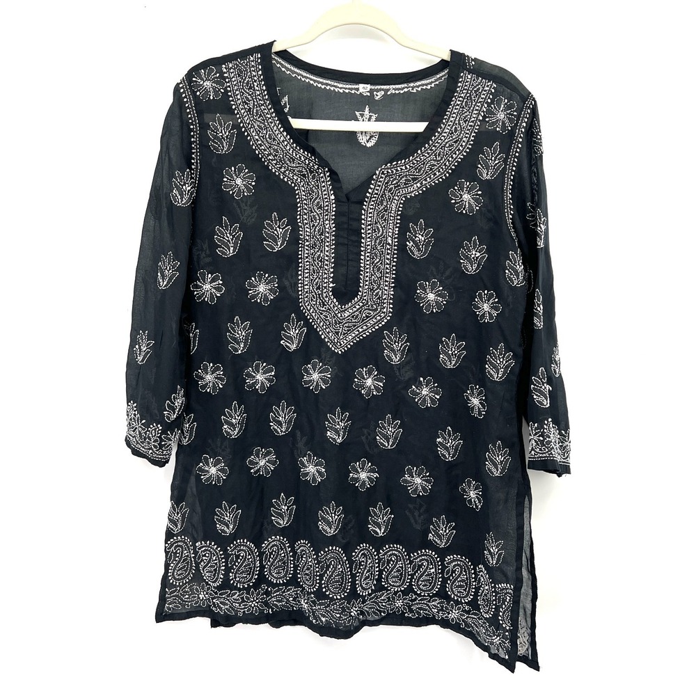 Cotton semi-sheer black tunic top embroidered boho Indian lightweight 42 L